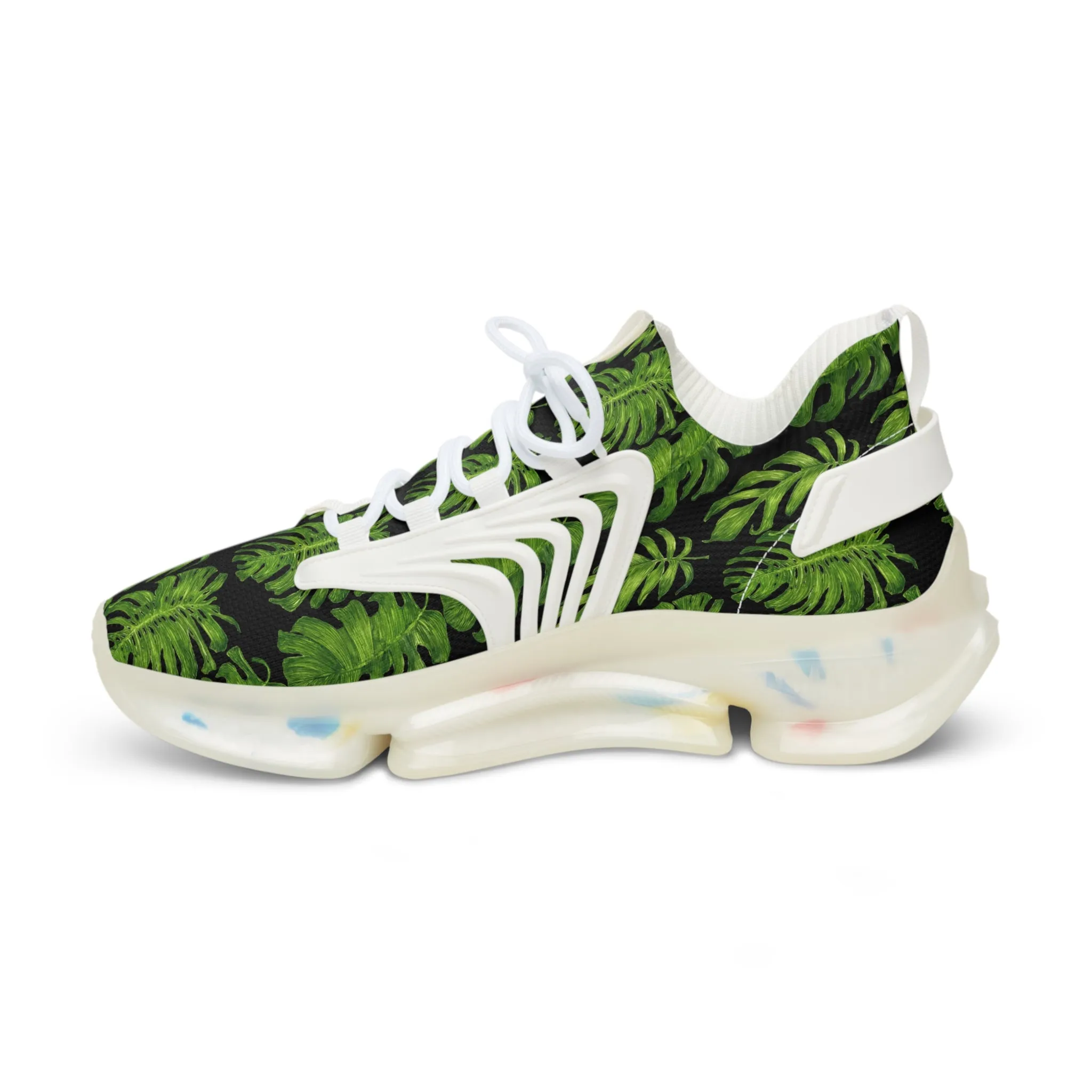 Tropical Leaves Men's Mesh Sneakers, Black and Green Tropical Leaves Print Men's Sneakers Best Comfy Men's Mesh Sports Sneakers Shoes (US Size: 5-12)