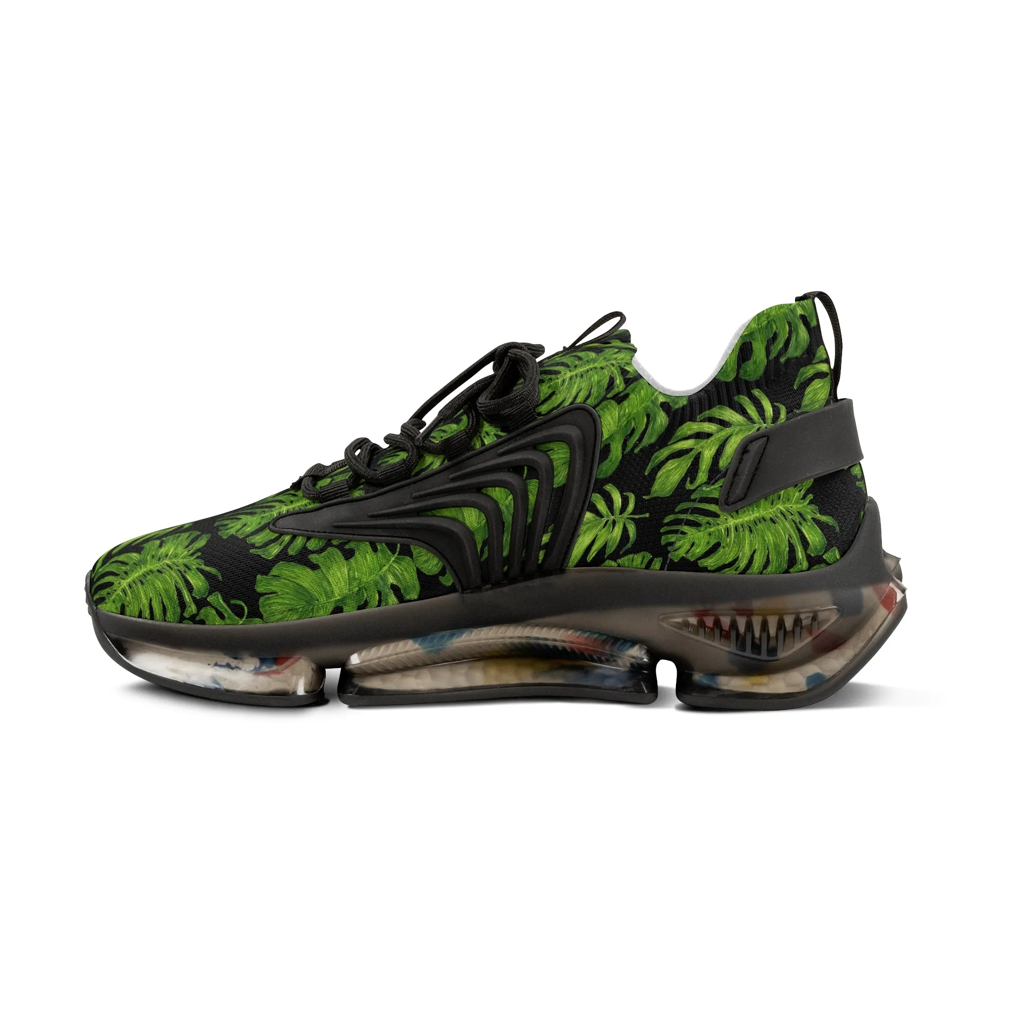 Tropical Leaves Men's Mesh Sneakers, Black and Green Tropical Leaves Print Men's Sneakers Best Comfy Men's Mesh Sports Sneakers Shoes (US Size: 5-12)