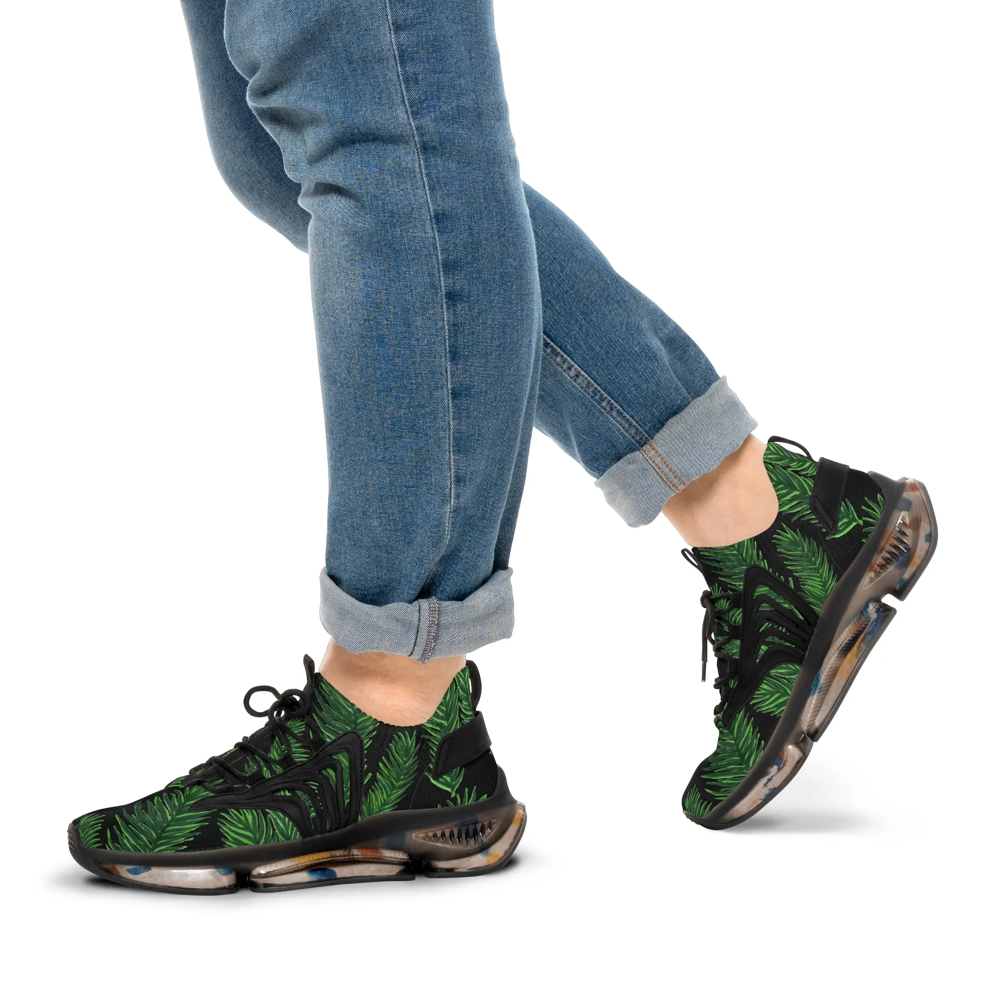Tropical Leaves Men's Mesh Sneakers, Black Tropical Leaves Print Men's Sneakers Best Comfy Men's Mesh Sports Sneakers Shoes (US Size: 5-12)