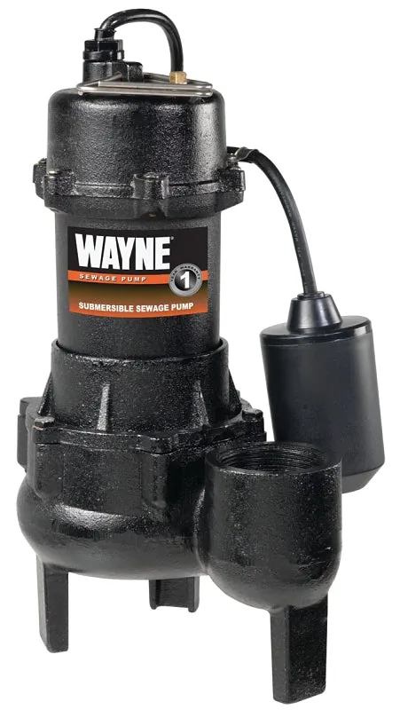 Wayne RPP50 Sewage Pump, 1-Phase, 15 A, 115 V, 0.5 hp, 2 in Outlet, 20 ft Max Head, 4,800 gph, Iron :EA: QUANTITY: 1