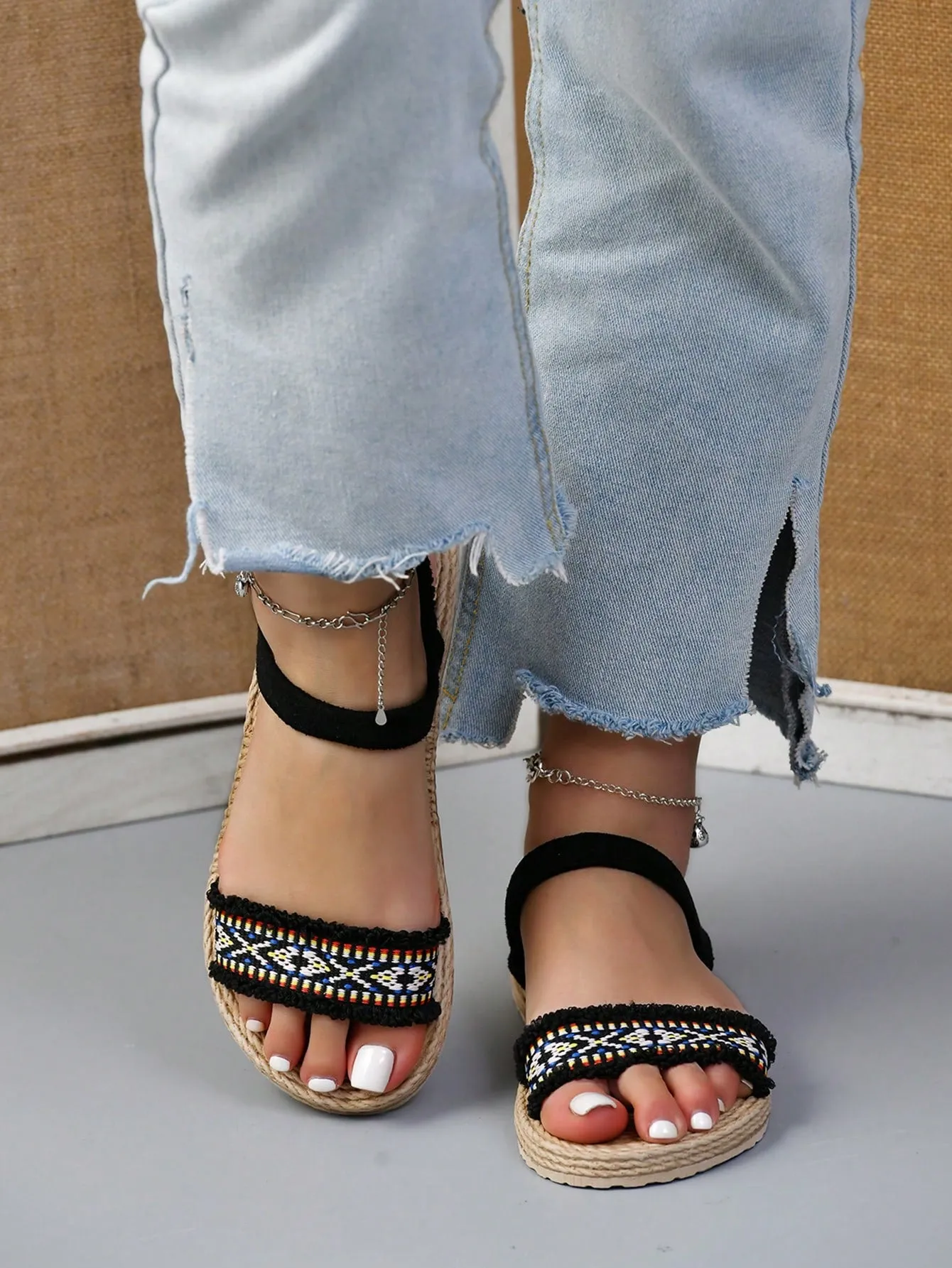Women  Vacation Black Sandals Braided Detail Ankle Strap Sandals