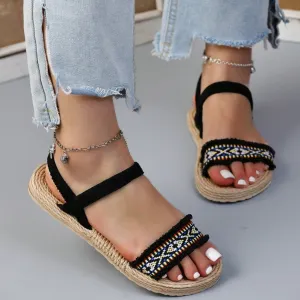 Women  Vacation Black Sandals Braided Detail Ankle Strap Sandals