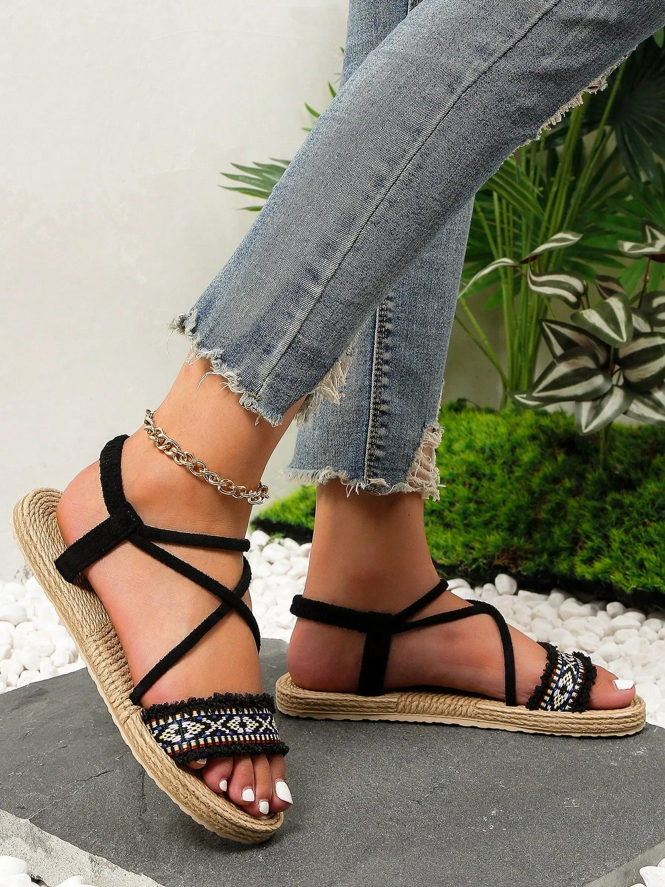 Women  Vacation Black Sandals Braided Detail Ankle Strap Sandals