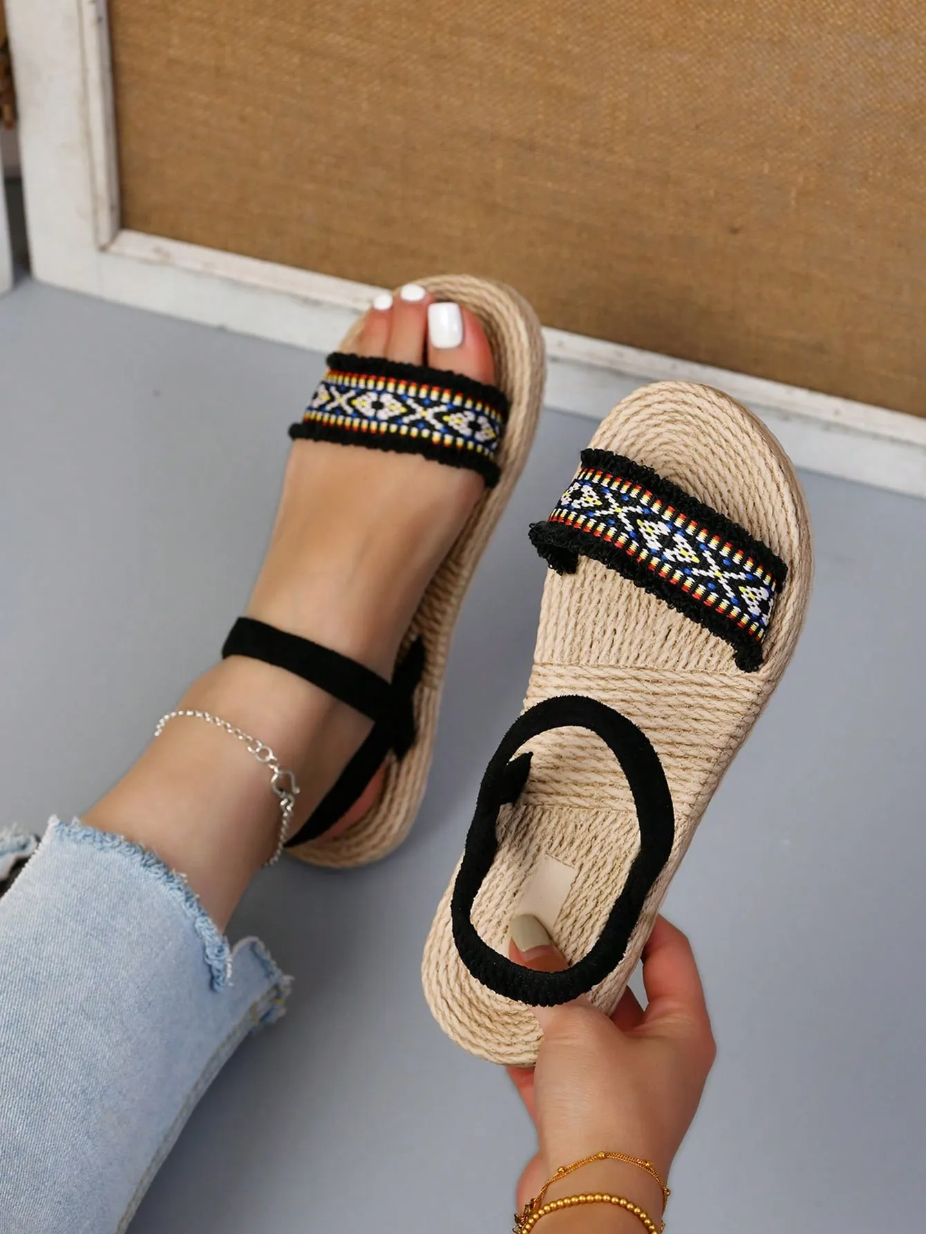 Women  Vacation Black Sandals Braided Detail Ankle Strap Sandals
