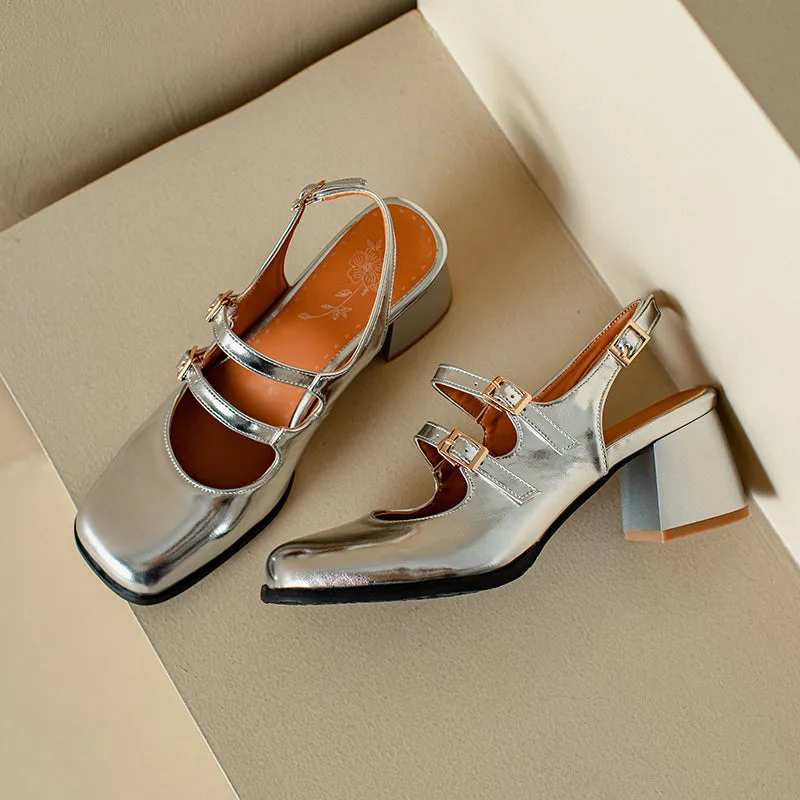 Womens Square Toe Block Heels Slingback Shoes